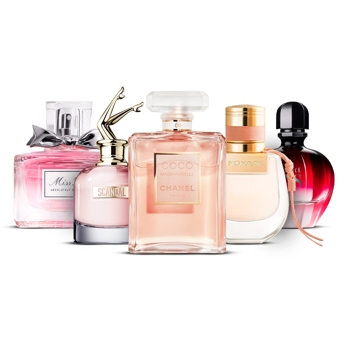 Conjunto de 5 Perfumes – Miss Dior Absolutely Blooming, Scandal, Coco Mademoiselle, Nomade e Black XS [100 ml cada um]