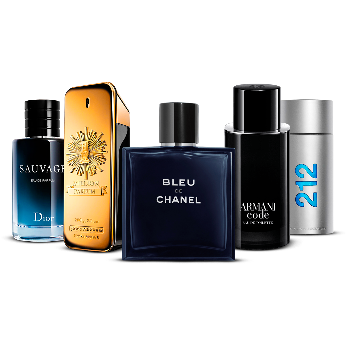Conjunto de 5 Perfumes – Sauvage, 1 Million, Bleu de Chanel, Armani Code e 212 Men [100 ml cada um]