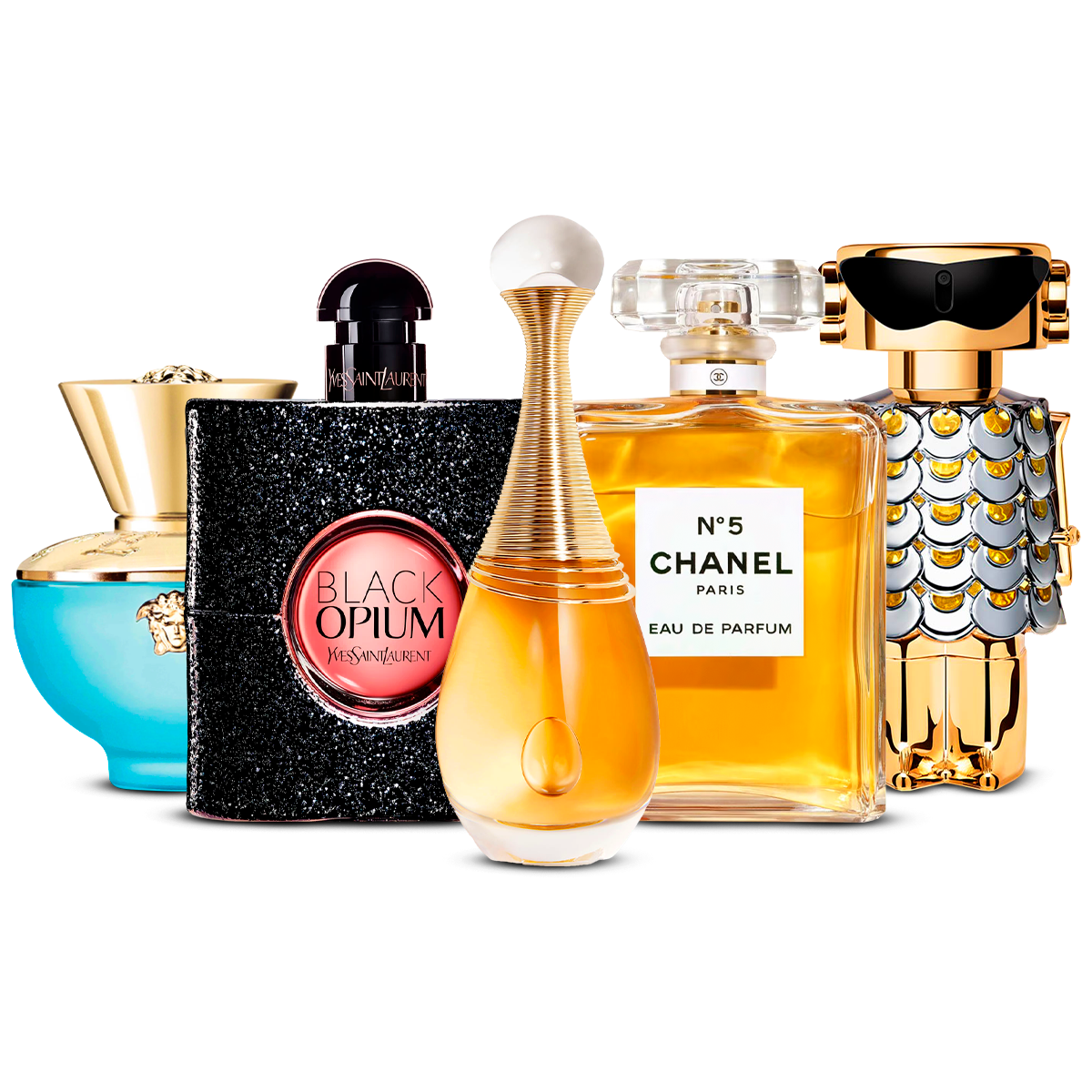 Conjunto de 5 Perfumes – Versace Dylan Turquoise, Black Opium, J'adore, Chanel Nº5 e Fame [100 ml cada um]